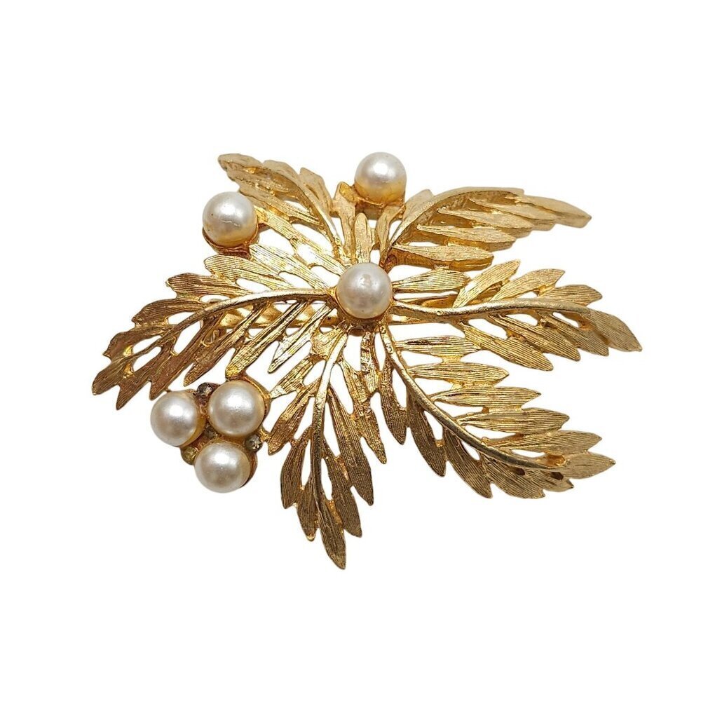 Vintage Gold Leaf Faux Pearl Brooch Pin Mid Century